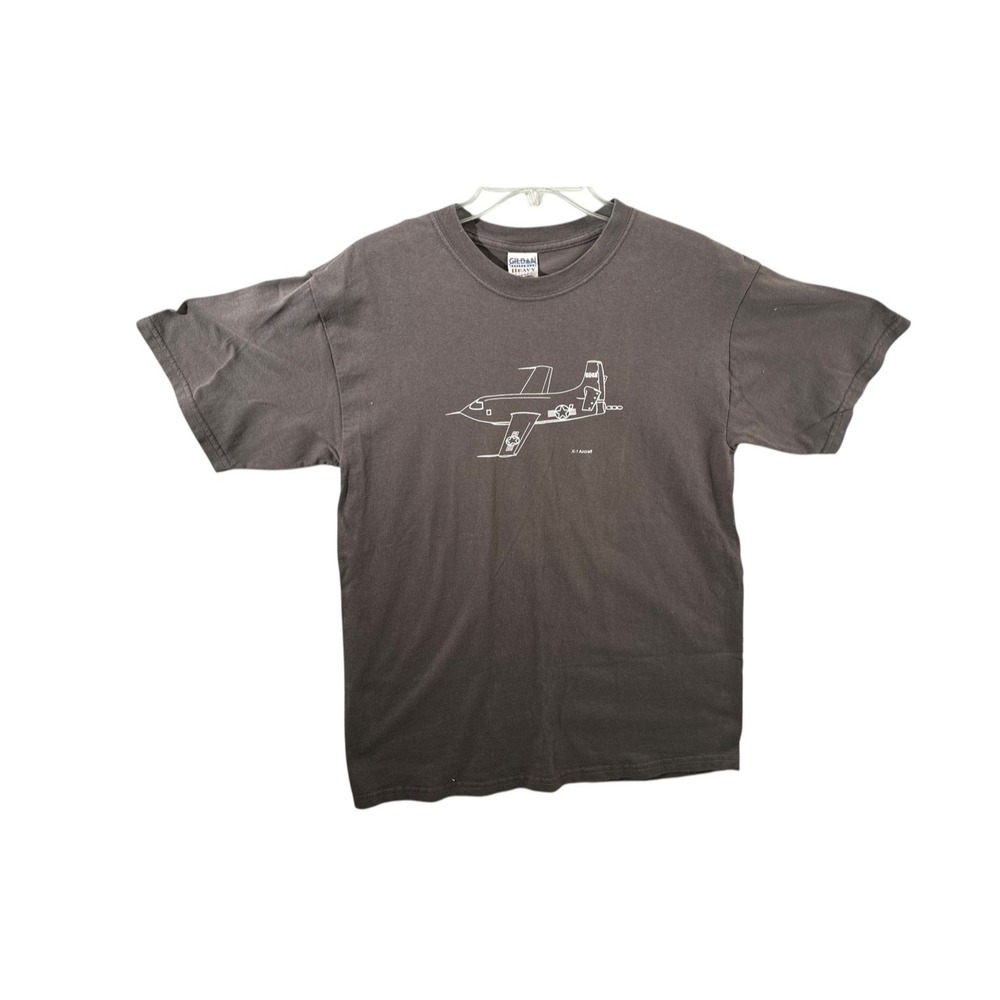Gray Graphic T-Shirt X-1 Aircraft White Outline On Front Size M Gilden Cotton